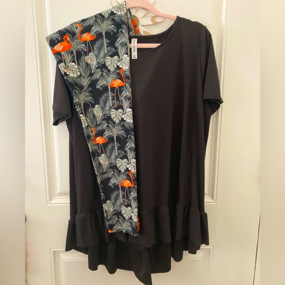 Zenana Short Sleeve Ruffle bottom Top, Flamingo Legging